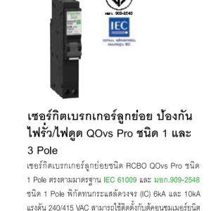 เซอร์กิตเบรกเกอร์ลูกย่อย ป้องกัน ไฟรั่ว/ไฟดูด QOvs Pro RCBO ชนิด 1 โพล